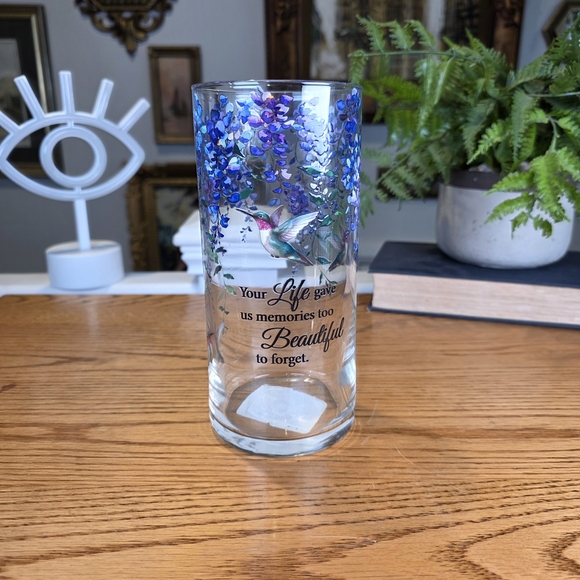 Memorial Hummingbird Hurricane Glass Vase Wisteria Butterfly 7.5" Sympathy Gift - Picture 1 of 5